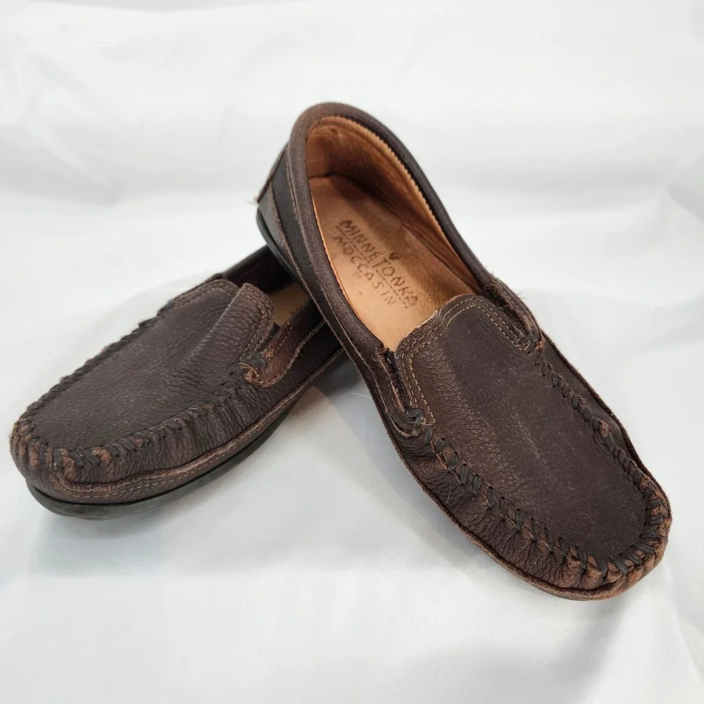 Minnetonka Moccasins Brown Leather Slip On‎ Driving Shoes Mens 8 Twin Gore 932